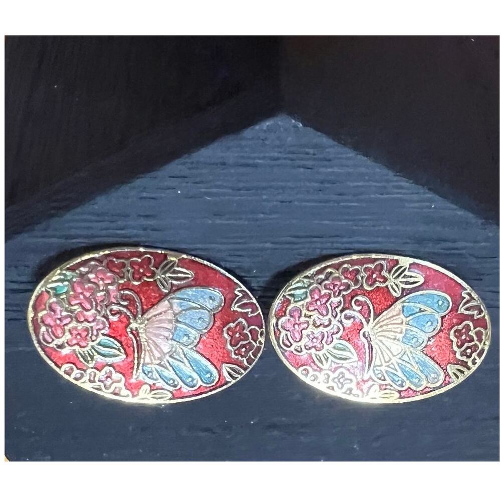 Vintage Butterfly Clip On Earrings Floral Cloisonne Style‎ 1990s Gold Tone